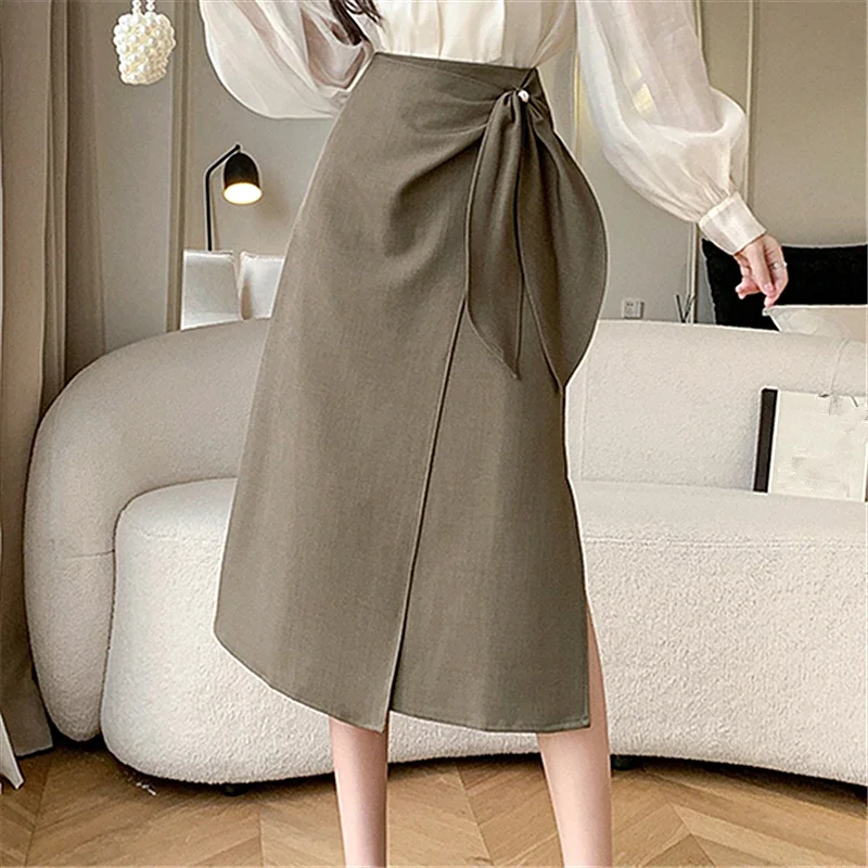 Seoulish Irregular 2024 Spring New Mid length Women\'s Skirts Vintage High Waist Buttons Decoration A-line Long Skirts Female