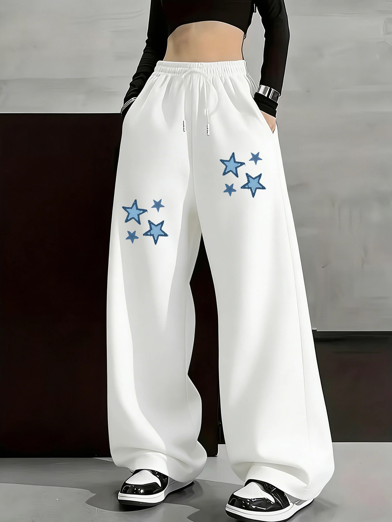 Unisex Y2K Blue Star Printed Wide Leg Pants American Retro Elastic High Waist Loose Street Trendy Cool Casual Sports Pants