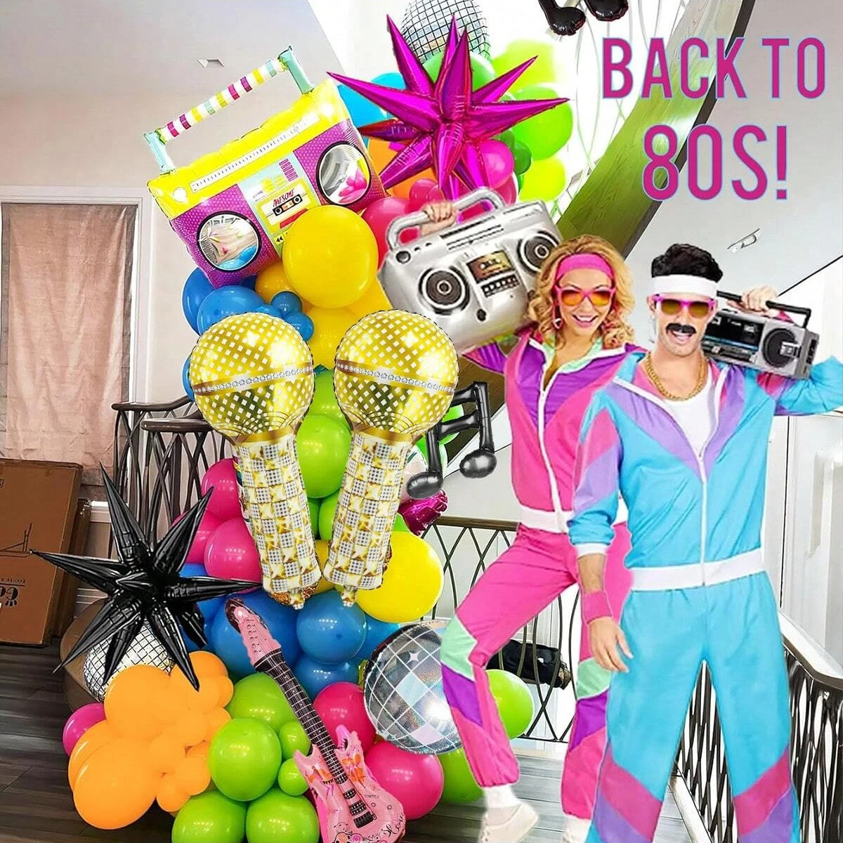 179pcs 80s music themed balloon garland arch kit, guitar disco ball musical note microphone balloons, 90s disco birthday party