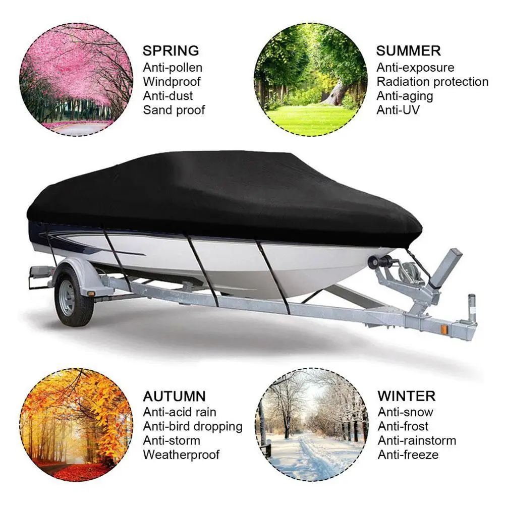 

11-22ft Trailerable 210D Boat Cover Waterproof Black Fish-Ski V-Hull Sunproof UV Protector Speedboat Canvas Boat Accessories