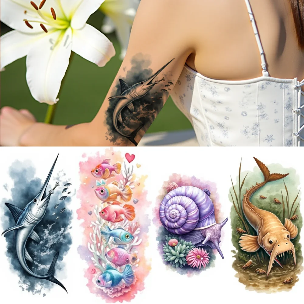 

12pcs Temporary Tattoo Waterproof Long-lasting Body Stickers Starfish Squid Colorful Fish For Adults Thighs Back