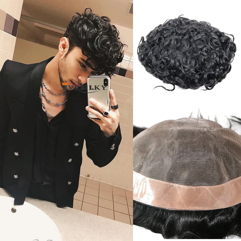 

Durable Fine Mono Toupee Man Capillary Prosthesis 20mm Curly Indian Human Hair Wave Unit Replecement System Men's Wig Human Hair