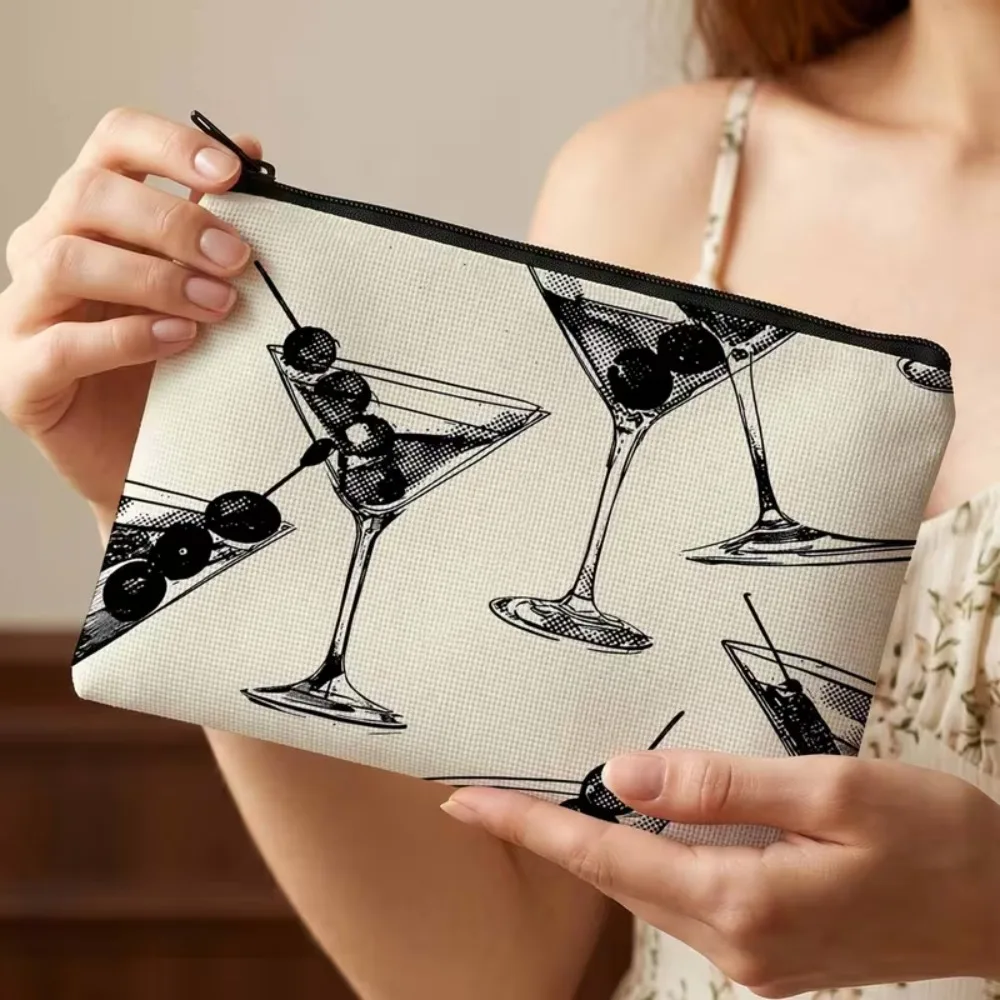 Retro Martini Glass Pattern Makeup Bag Cocktail Sketch Canvas Zipper Cosmetic Pouch Portable Travel Toiletry Organizer Purse