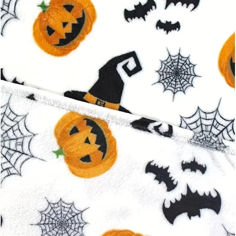 1pc Halloween Theme Flannel Blanket Spider Web Witch Hat Black Bat Pumpkin Print Soft Cozy Throw Blanket Autum Comfort