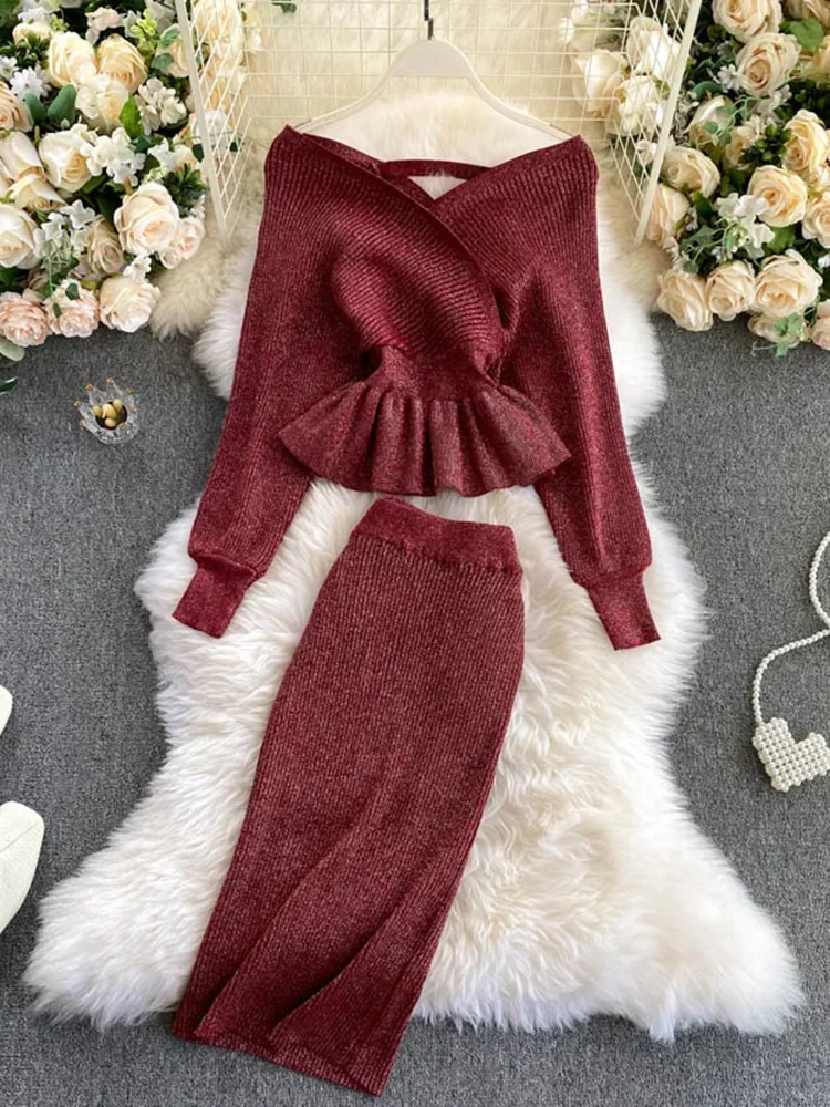 Women Korean New Style Cross V-neck Puff Sleeve Short Waist Top + Elastic High Waist Pleated Skirt Knitting Two Piece D040