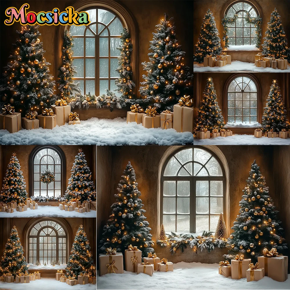 Mocsicka Photography Backdrop Christmas Tree Snow Window Fireplace Decoration Family Xmas Holiday Party Portrait Studio Props
