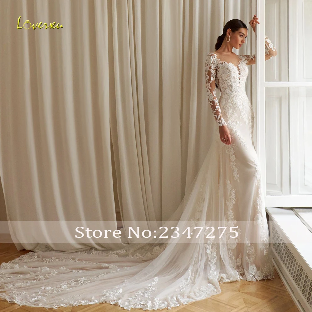 Loverxu Mermaid Graceful Wedding Dresses 2024 Scalloped Long Sleeve Vestido De Novia Lace Appliques Chapel Train Robe De Mariee