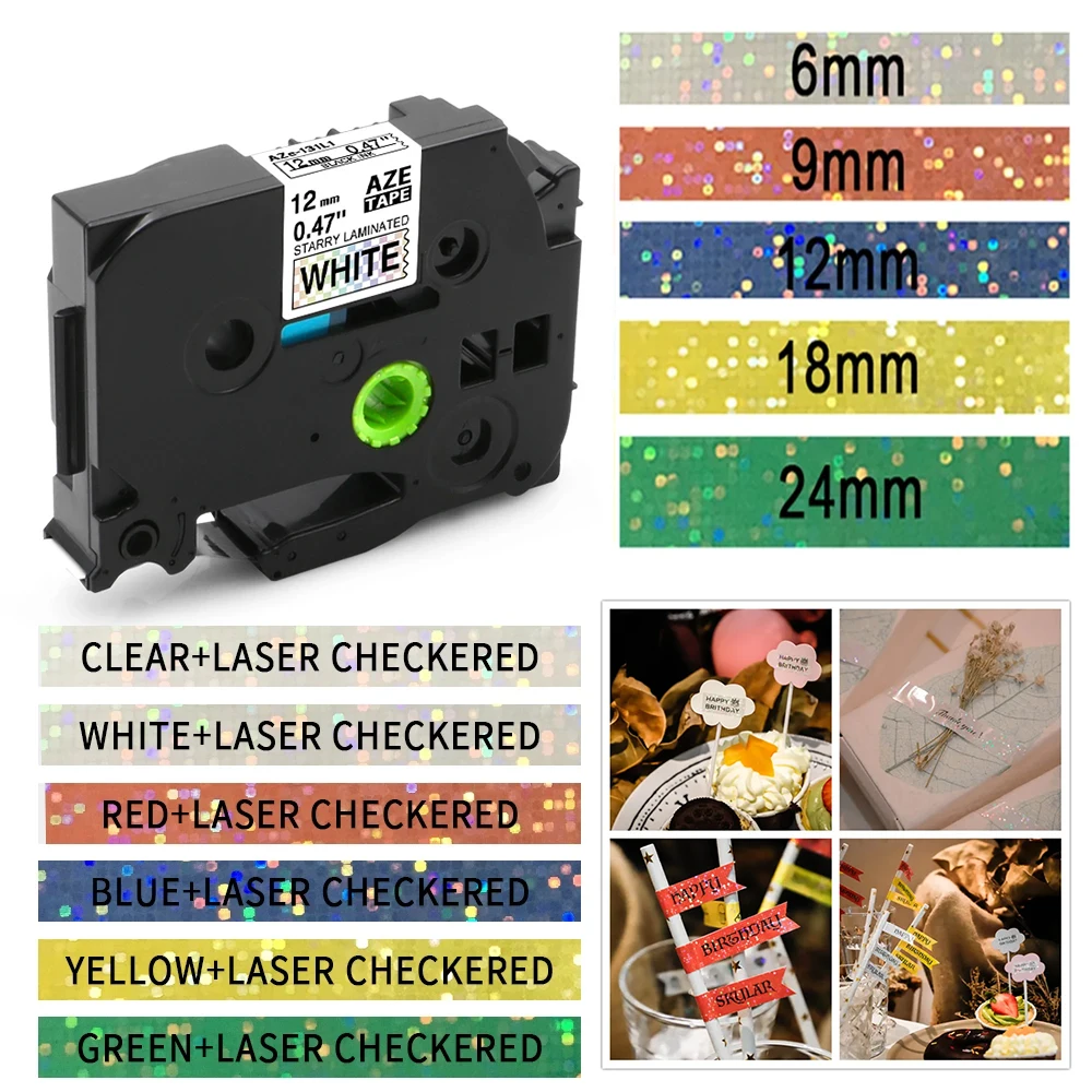 1pk TZe-231L1 TZ221L1 Laser Checkered Label Tape Compatible for Brother Label Printer PT- H110 Colorful Glitter Starry Sparkling