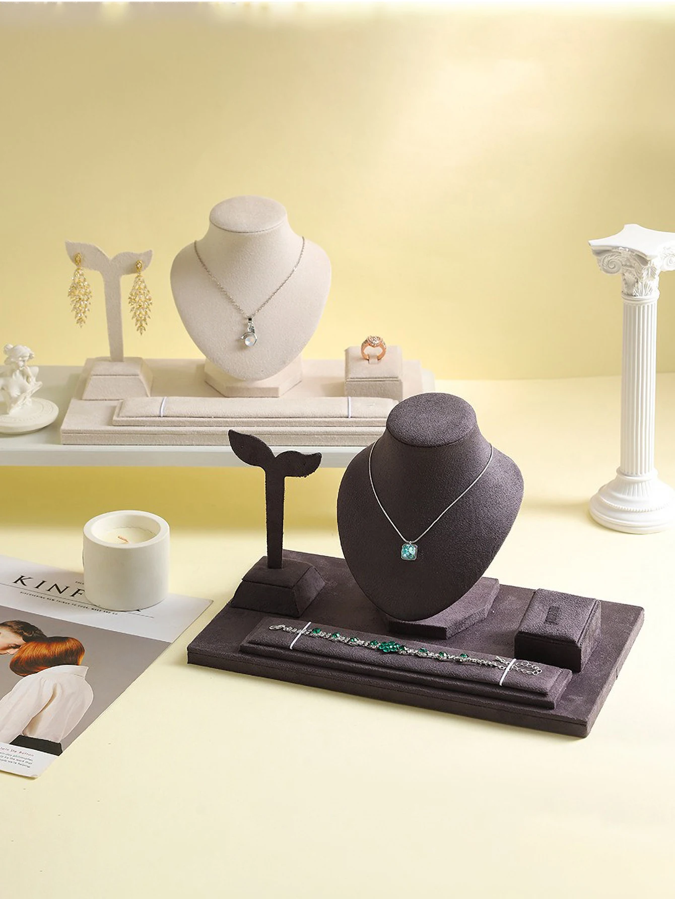 

Dark Gray Velvet All-in-One Jewelry Display Set, Professional Necklace Bust, Earring Stand, Ring & Bracelet Organizer for Home