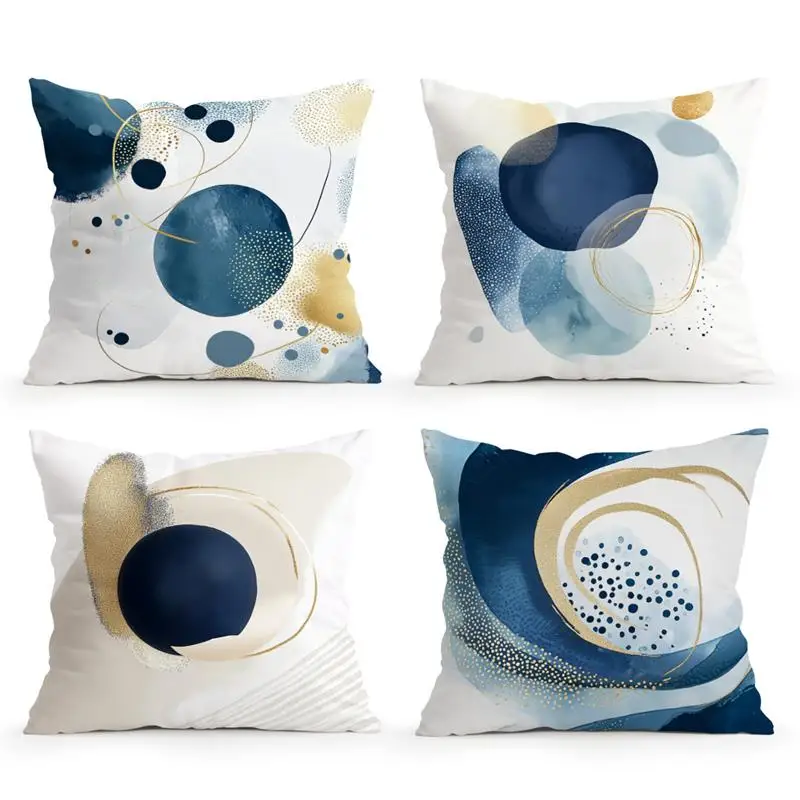 Short plush material pillowcaseHome Decor Abstract Blue & Gold Geometric Pillow Covers Pattern Cushion Cover Suitable for Sofa B