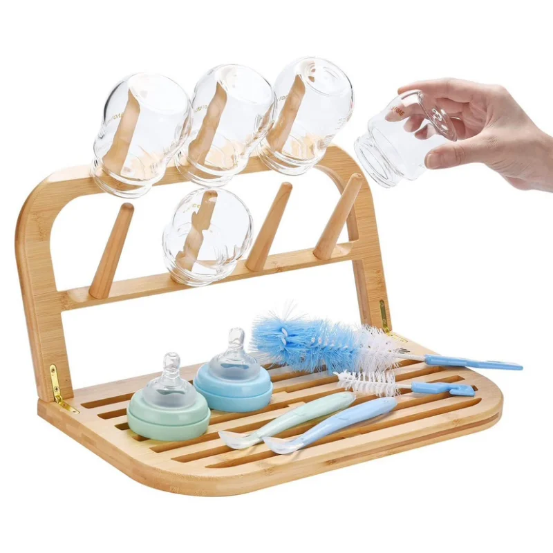 Portable bamboo baby bottle rack for cups, cup drying stand, foldable for space saving, bottle drying rack