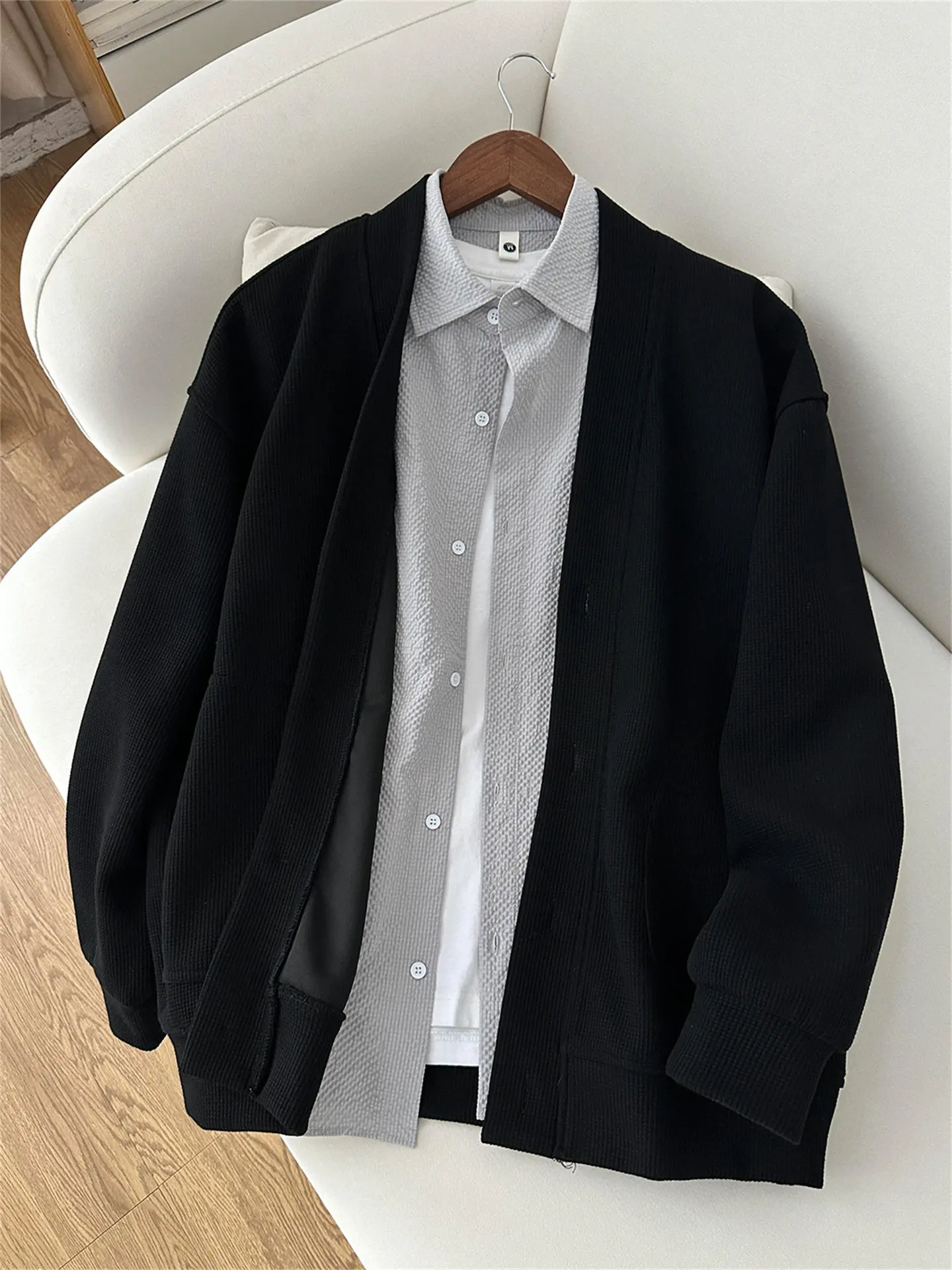 

Мужской кардиган-свитшот American Sle Bla Heavyweight Open Cardigan Sweatirt Jaet, весенне-осенний, с V-образным вырезом, Cleanfit, премиум-класса