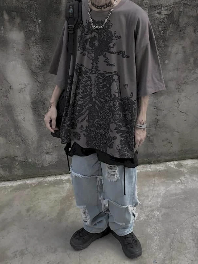 Men T-shirts 2023 Summer Streetwear High Street Gothic Skull Tshirt Loose Oversized Short-sleeved T shirt Dark Anime Men Y2k Top