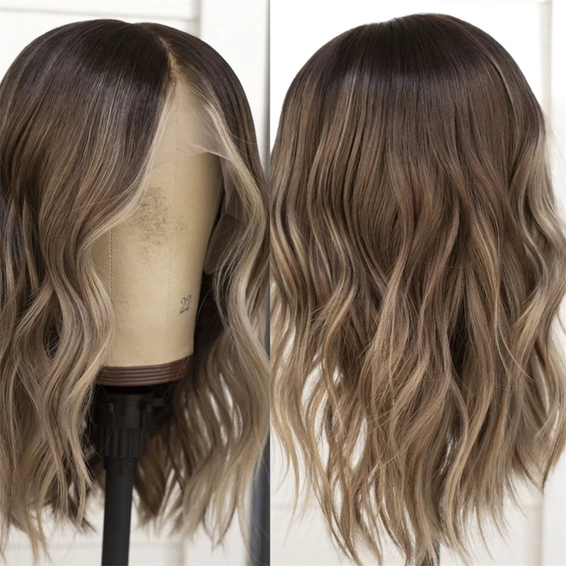 

Короткая волна Боб Высокое качество Ombre Коричневый Блондин Синтетические предварительно выщипанные бесклеевые HD парики фронта шнурка Натуральные предварительно выщипанные волосы