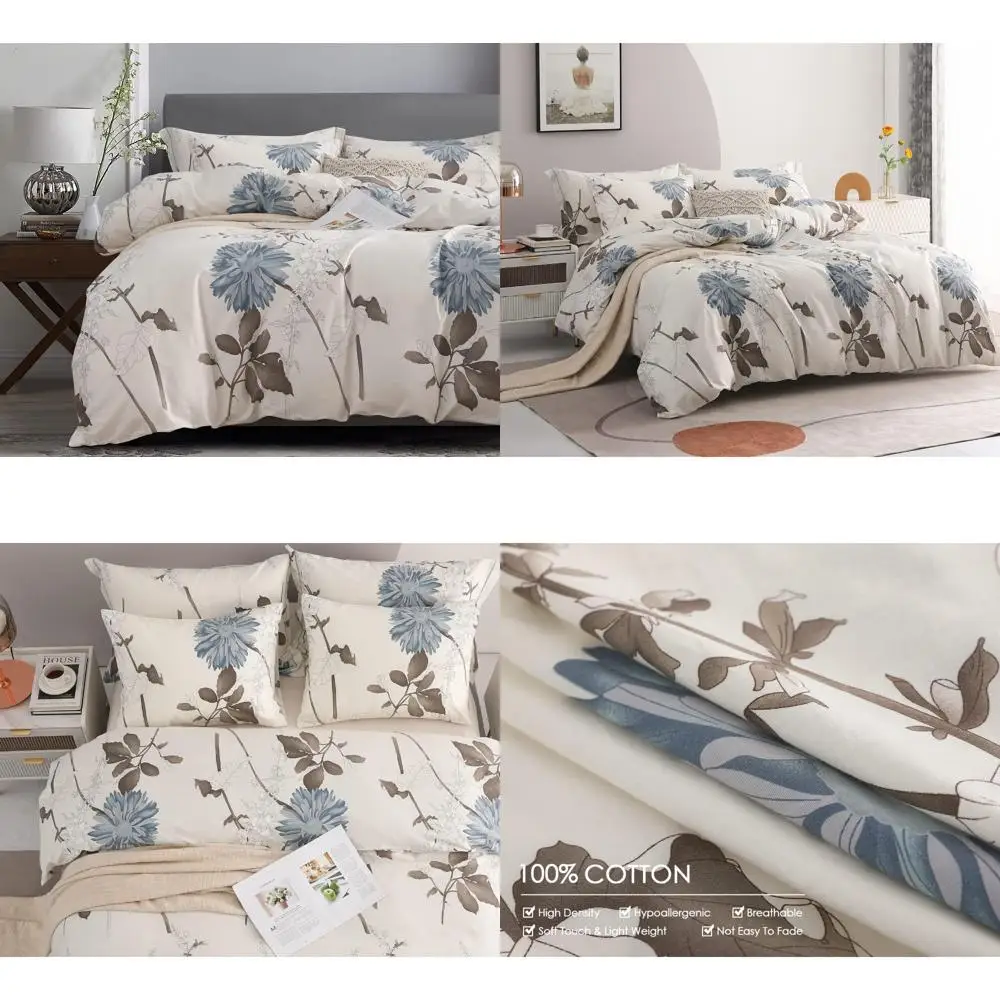 

King Size 600 Thread Count Cotton Duvet Cover with Botanical Flower Print - Reversible Comforter Cover