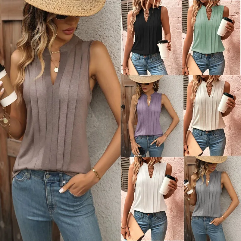 2024 women's summer new fashion style casual commuting sexy elegant pleated V-neck vest women's top T-shirt