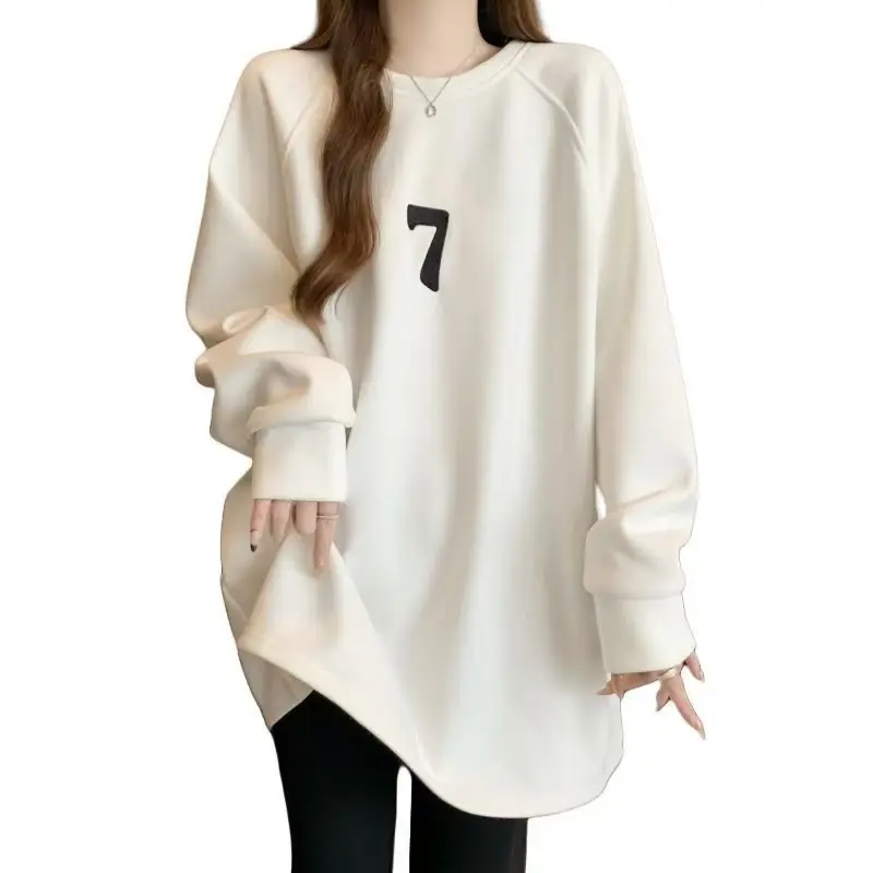 

2025 New Korean Style Bottoming Shirt Mid-length Sweatshirt for Women Autumn and Winter Loose Long-sleeved Top for Women