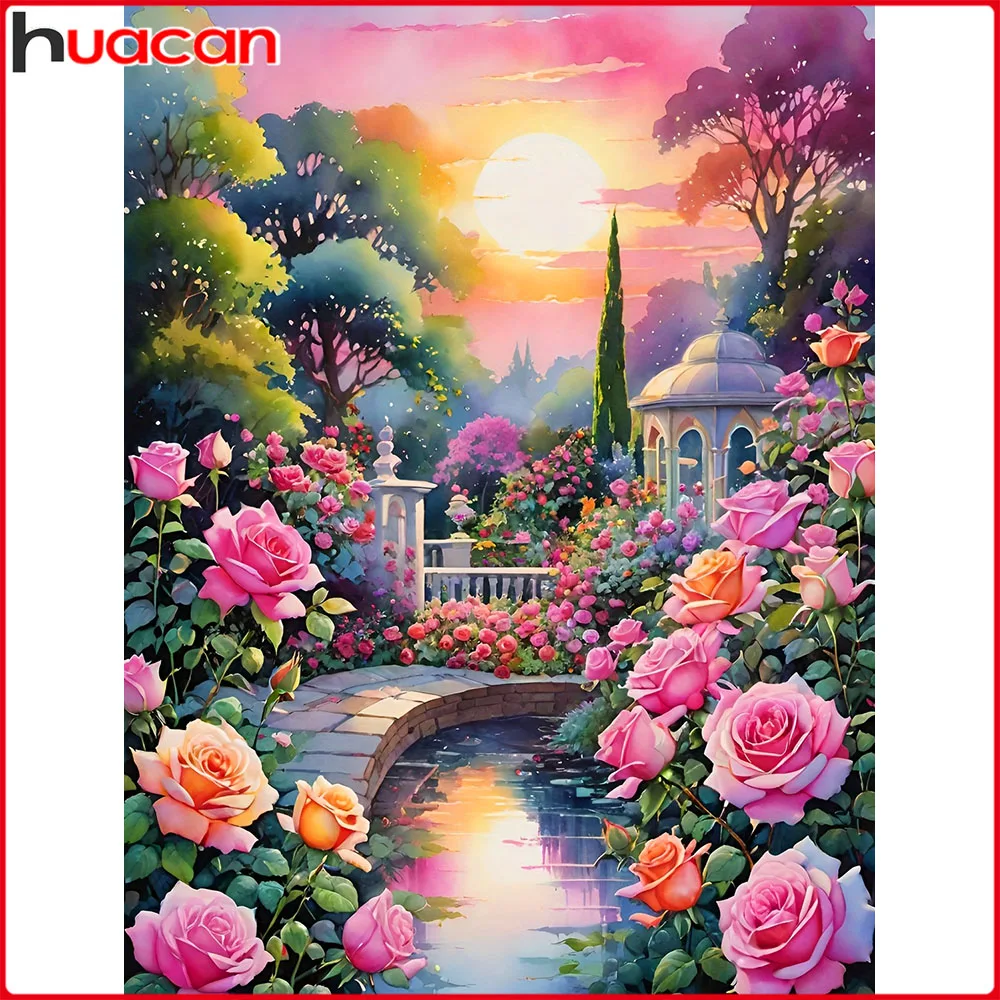 Huacan Vollquadrat Rundbohrer Diamantgemälde Sonnenuntergang Garten Diamantmosaik Landschaftskunst Dekorative Gemälde