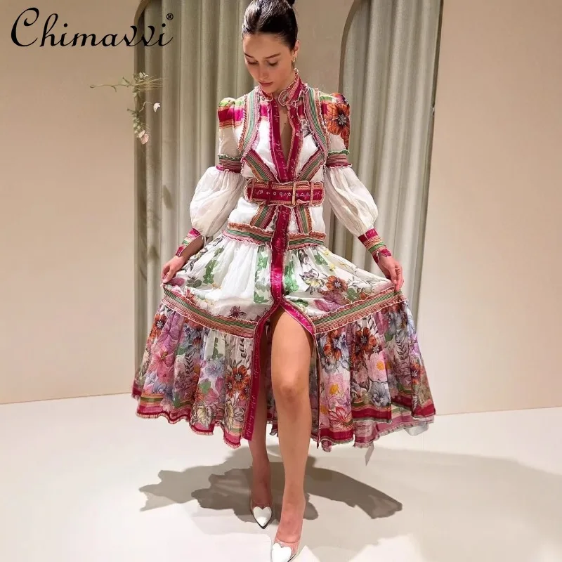 

Summer Australian Stand-up Collar Lantern Long-sleeved Splicing with Belt Big Pendulum Long Ethnic Style Printed Dress Women