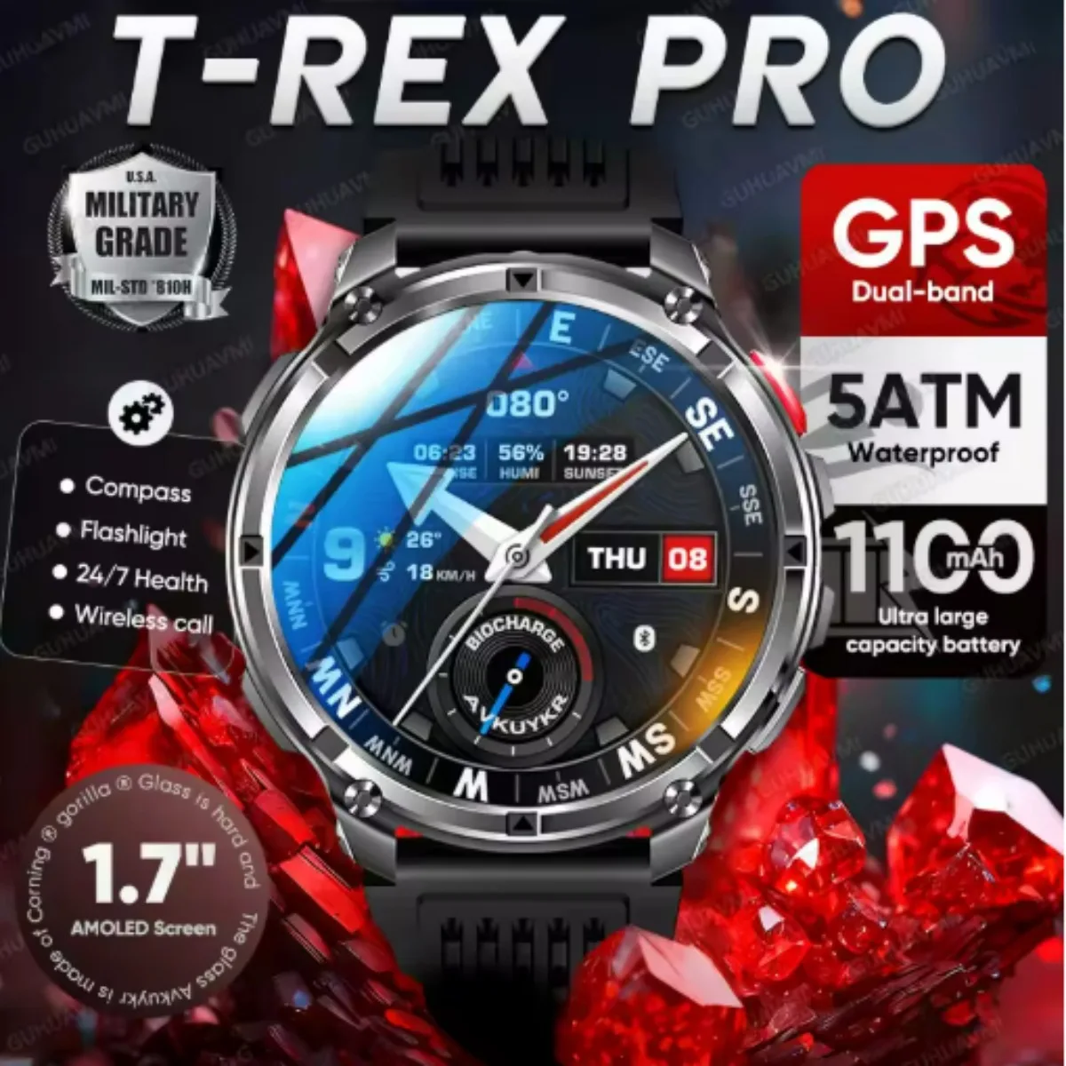 

2027 T-Rex3 Ultra 1100Mah Military Smart Watch Men AMOLED GPS Path 5ATM Waterproof Compass LED Flashlight Smartwatch iOS