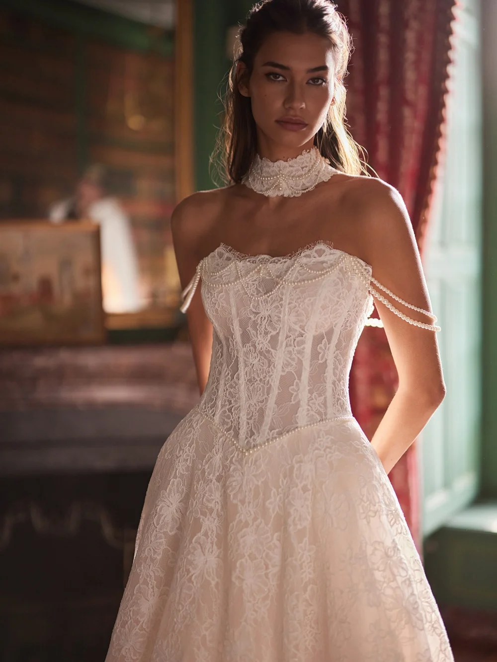 New Arrival Shinny Pearls Wedding Dress Exquisite Lace Strapless Bridal Gown Customized A-line Floor-length Dresses For Bride