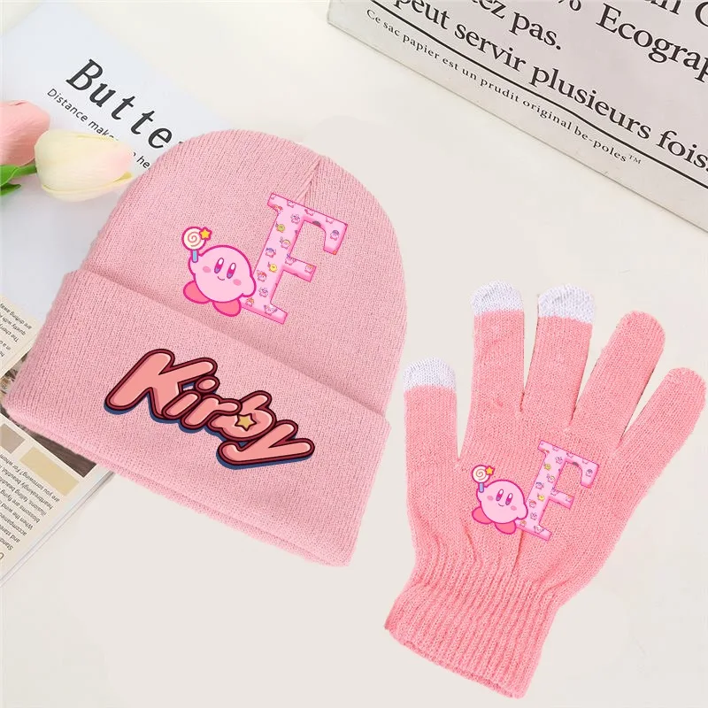 Conjunto de chapéu e luva de malha Kirby, 2 peças, padrão de desenho animado, luvas impressas, gorros fofos para meninas, acessórios quentes de inverno, presentes