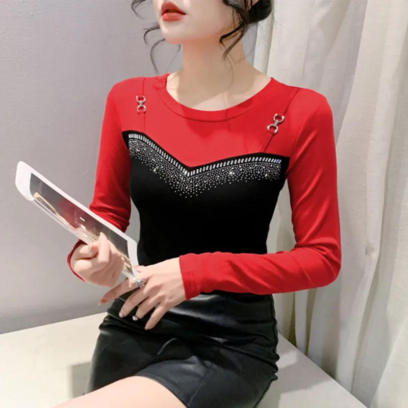 High-End New Women Shiny Diamonds T-Shirt Fashion Contrast Color Patchwork Cotton Tops Classic Long-Sleeved Elasticity Tees