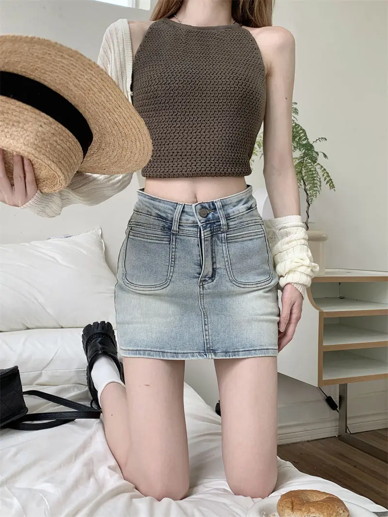 Mini Denim Skirt Female Tight Zipper Wrap Women'S Denim Skirt High Waist Anti-Exposure A-Line Hip-Covering Short Skirt