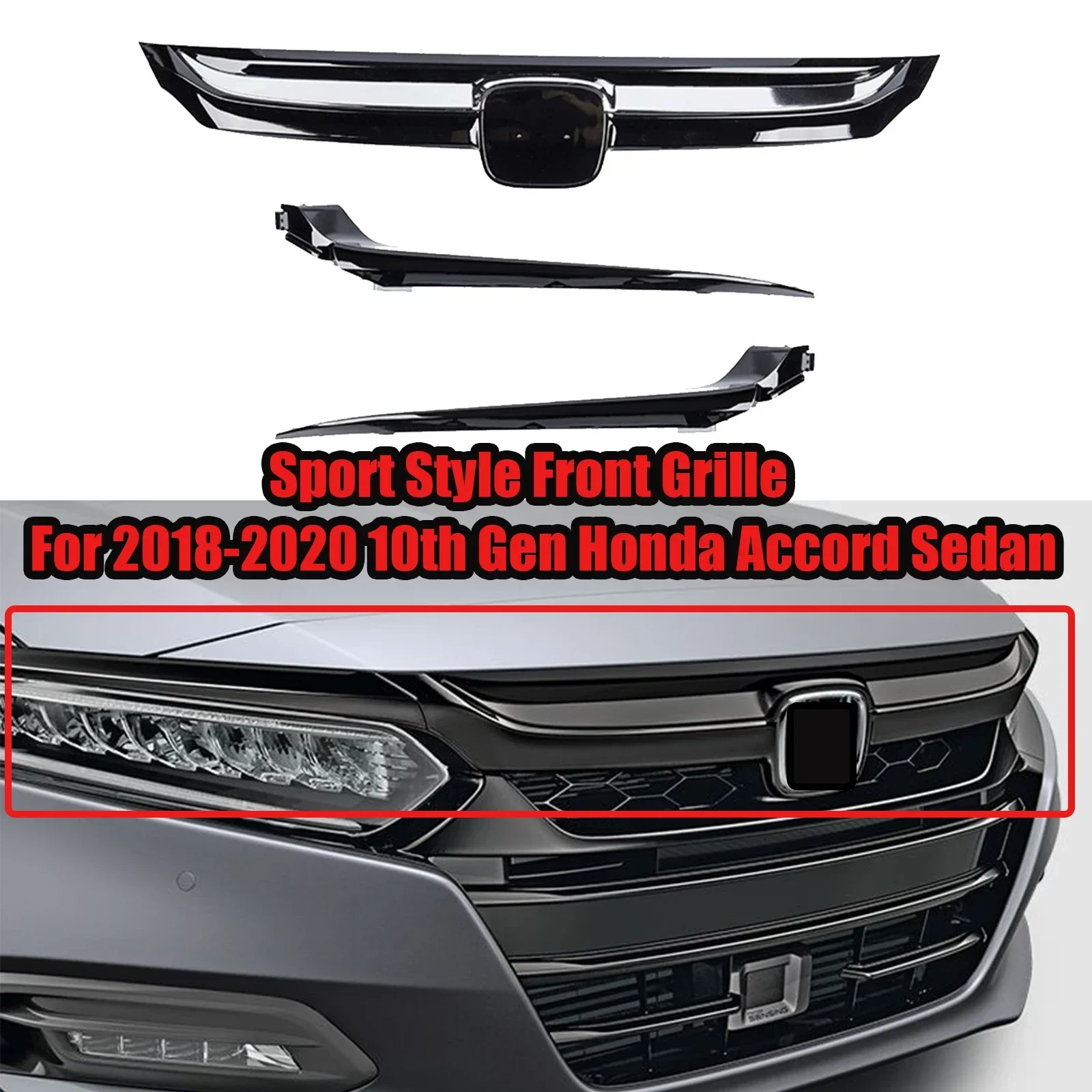 

For 2018-2020 10th Gen Honda Accord Sedan Sport Style Front Grille Glossy Black Chrome Silver Carbon Fiber Look