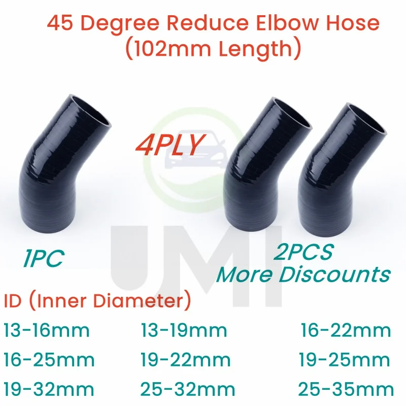 

Gloss Black 45° 45 degree Reduce Elbow Hose Silicone Intercooler ID 13-16 13-19 16-22 16-25 19-22 19-25 19-32 1PC or 2PCS 4PLY