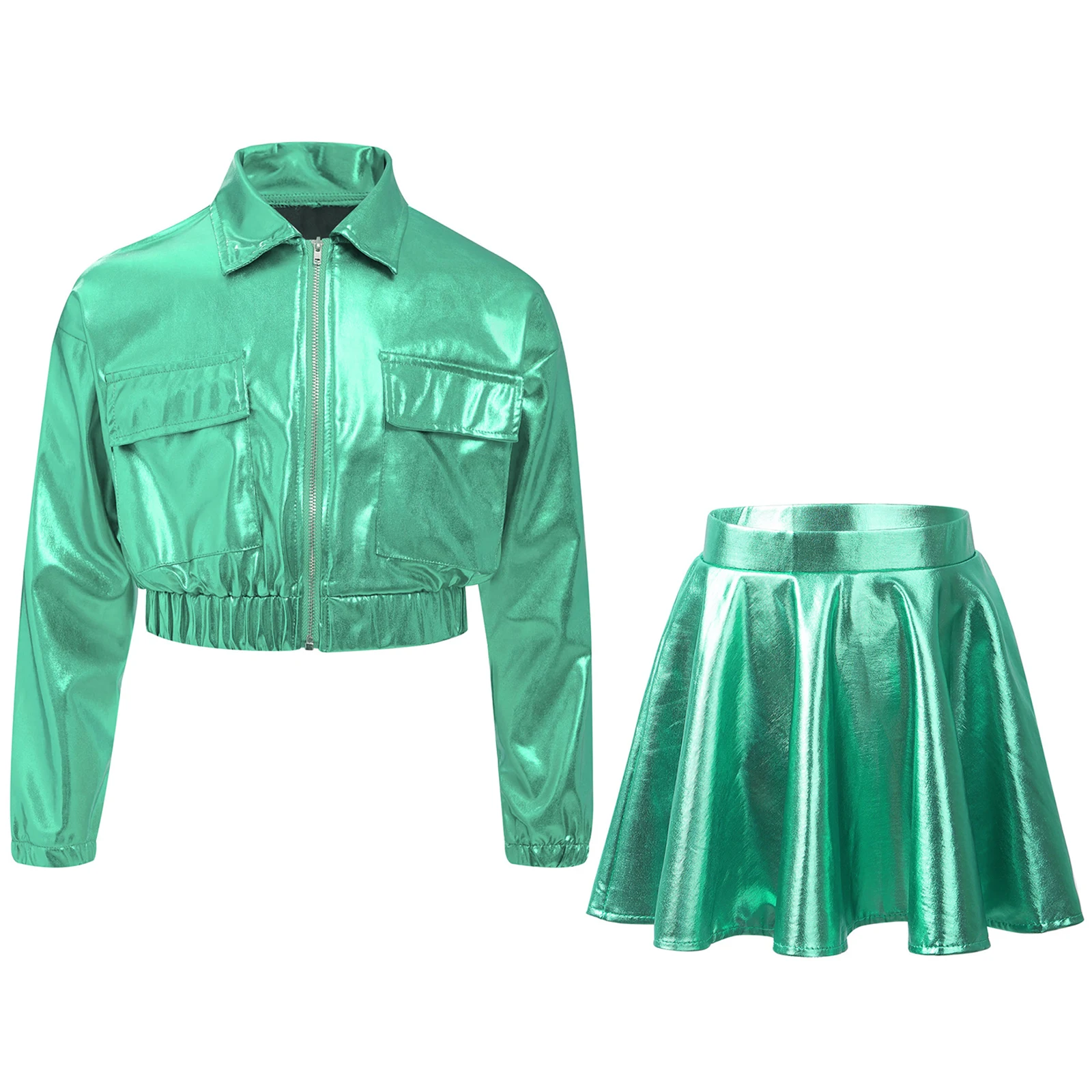 Kids Girls Hip Hop Jazz Dance Cheerleading Performance Costume Metallic Shiny Outfit Long Sleeve Zipper Jacket with Culottes Set