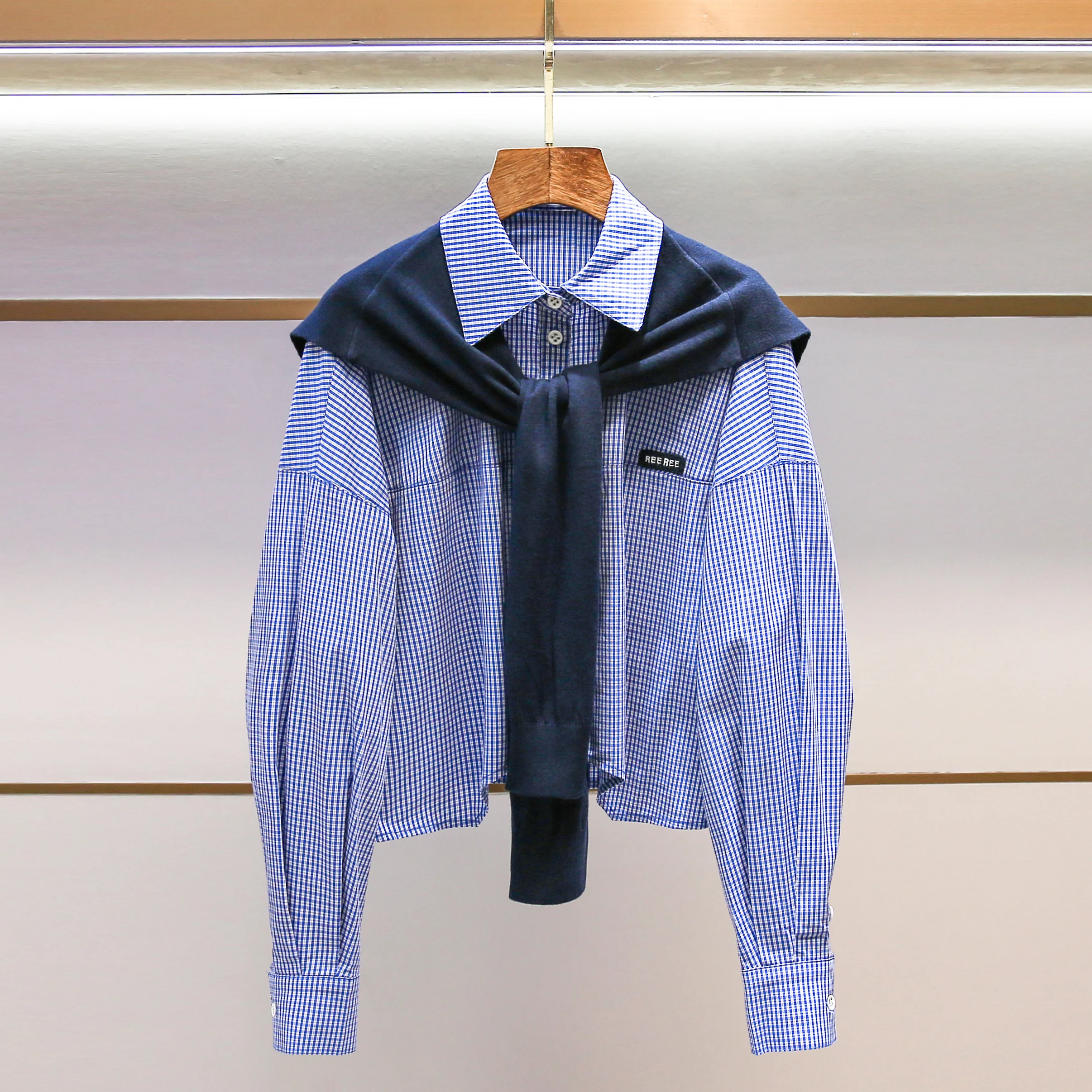 

Элитный женский вязаный шерстяной топ в клетку в университетском стиле, королевский синий, для осеннего сезона, влагоотводящий, с длинными рукавами