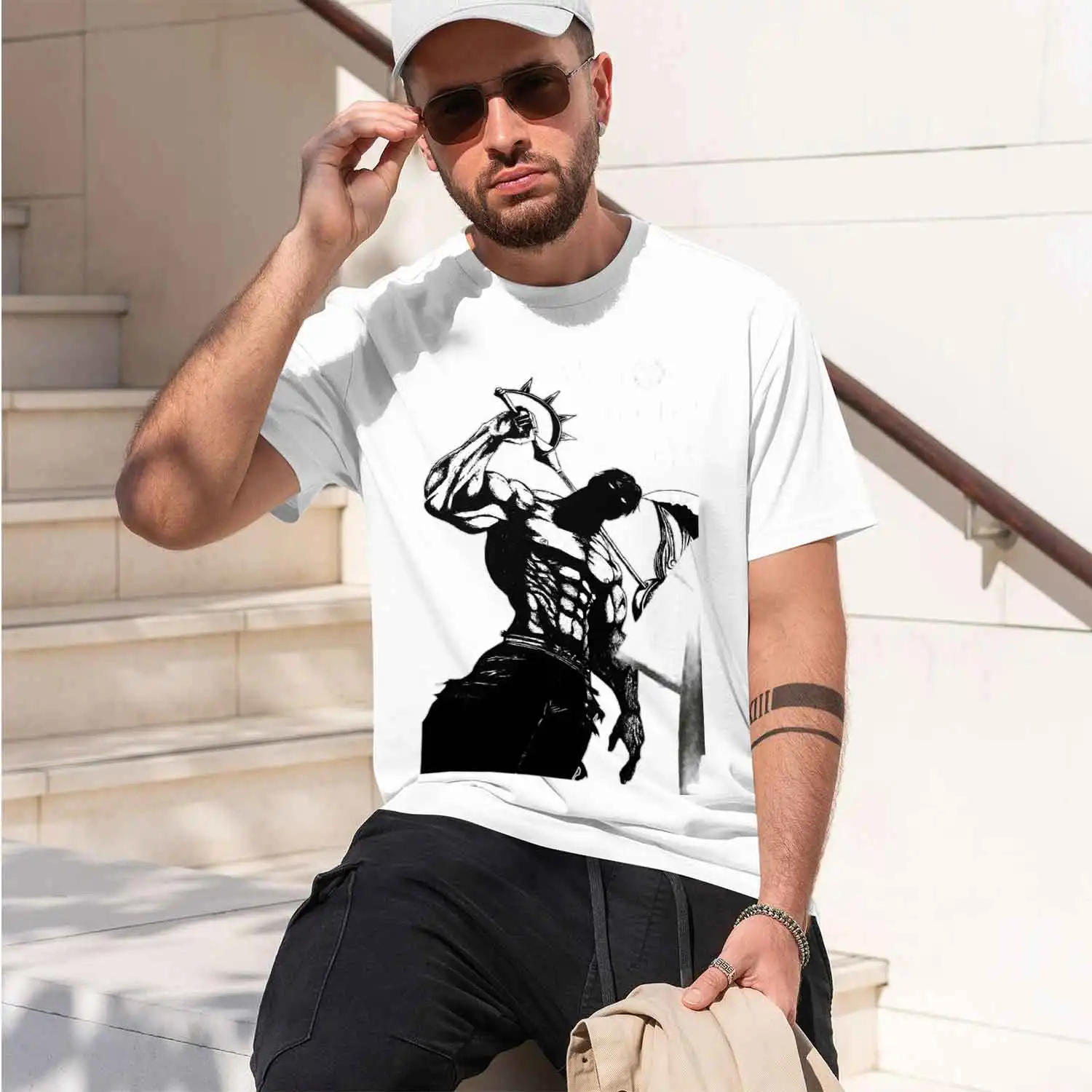 Muscular Design Men's T-Shirt And White Graph With Sword And Text Who Decides The Fate Summer Casual Wear For Fitness Enthusiast