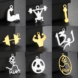 Teamer 5pcs/lot Sports Gym Stainless Steel Charms Barbell Weightlifting Run Pendant for Jewelry Making DIY Father's Day Gift