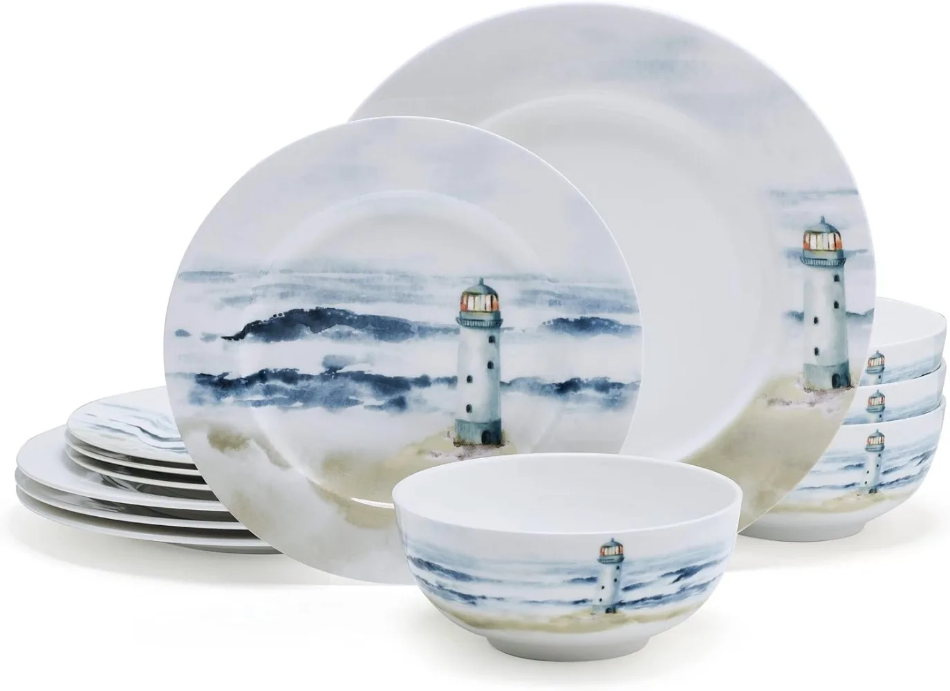 Mikasa Seaside Coastal Bone China Lightweight Chip Resistant 12 Piece Dinnerware Set, Service for 4 Dishes and Plates Sets