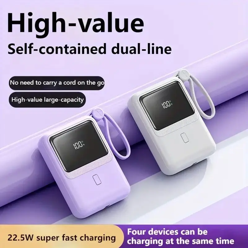 

10000mAh New Portable Mini Comes with Two Wire Power Bank Large Capacity Mobile Power Fast Charge Supply for Iphone15 14 Samsung