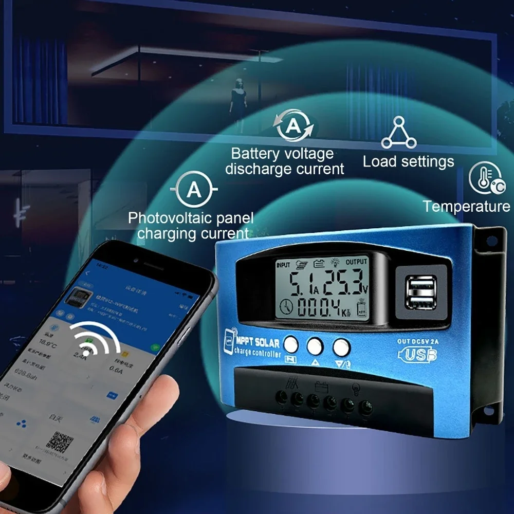 bluetooth App Control 30A 60A 100A MPPT Solar System Controller 12V/24V/60V Solar Charge Controller Smart Battery Regulator