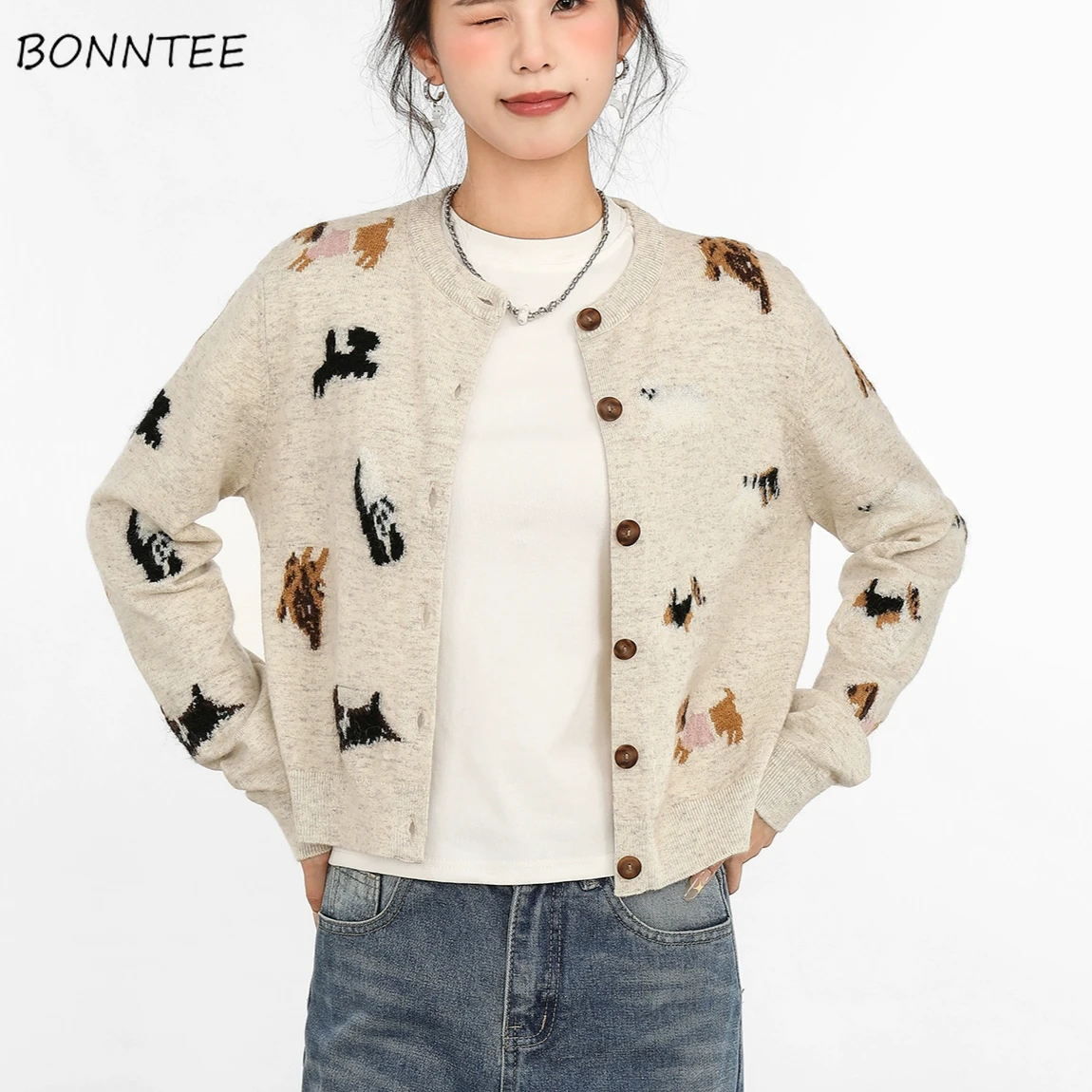 Gentle Cardigans Women Knitted Crop Tops Animal Printing Lovely Streetwear Casaco Malha Feninino Ropa Elegante Para Mujer Tender