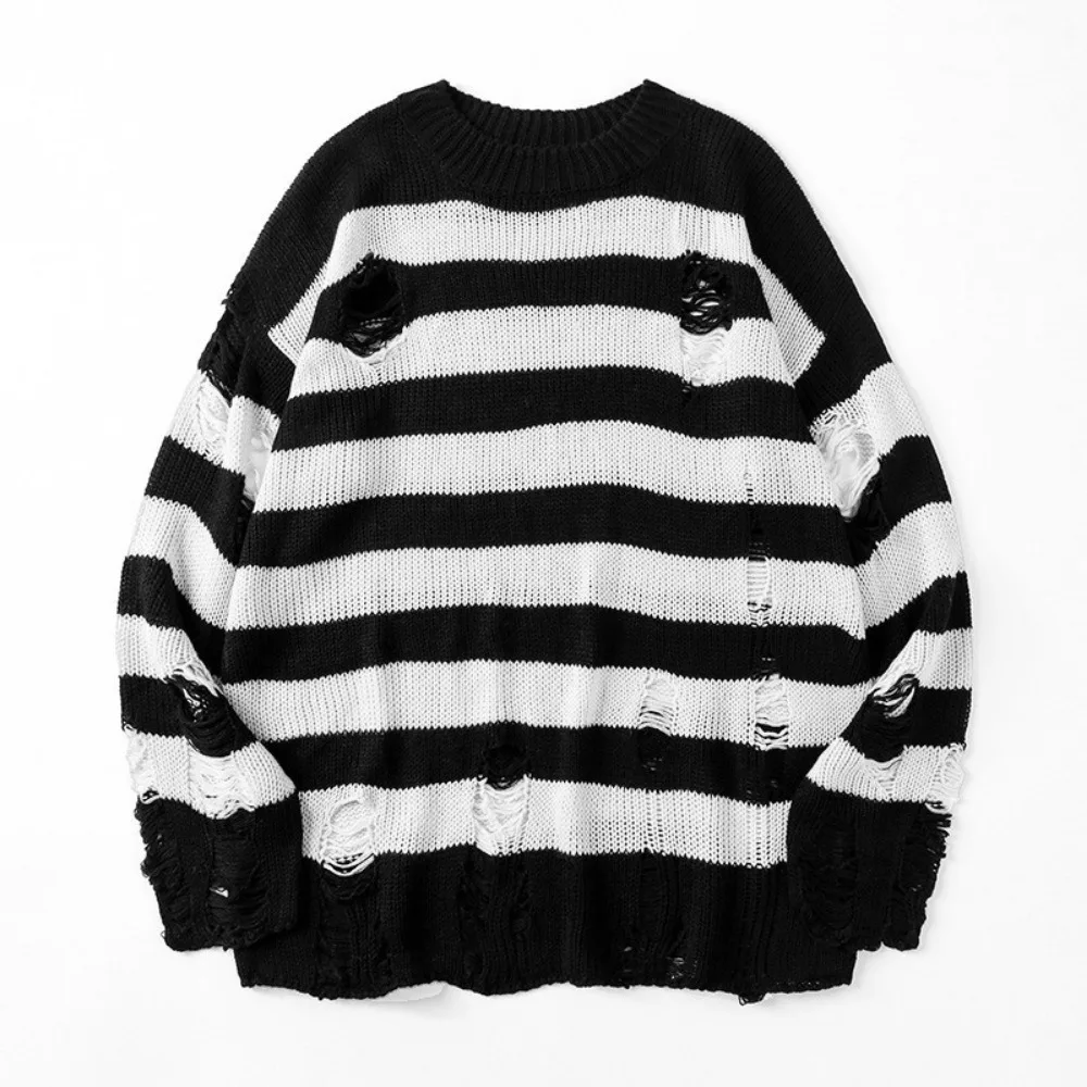 Autumn Winter Couple Stripe Sweaters Destroyed Ripped Sweater Men Pullover Hole Knitwear Women Oversized Fashion Harajuku Tops