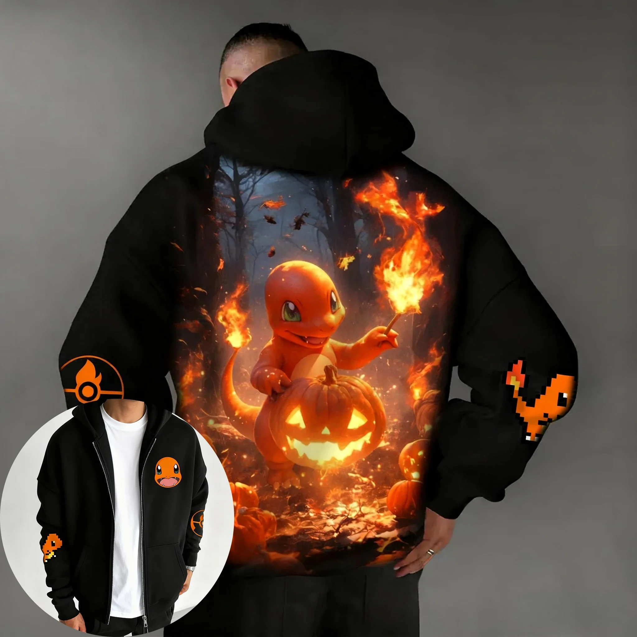 

Универсальная толстовка на молнии с изображением Покемона на Хэллоуин, летняя мужская толстовка с принтом Charmander, американский хип-хоп, модный повседневный трендовый свитер, топ