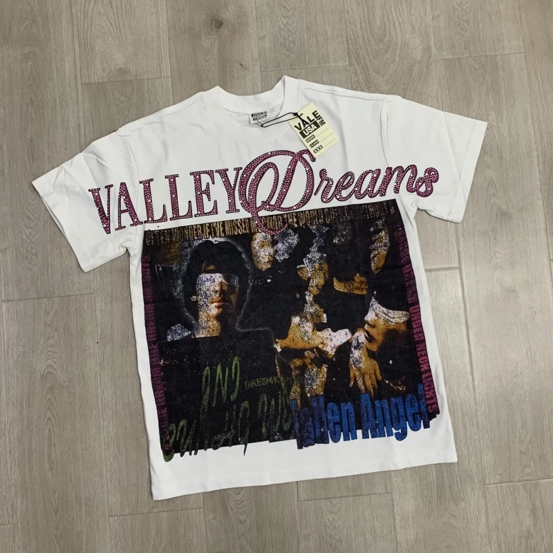 

VALLEY Short Sleeve T-shirt Summer Men Clothing American Streetwear Fashion Men Women Poster Print Hot Drill Vale Top Tee