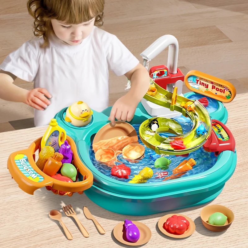 Children Electric Toy Sink Disheswash Water Simulation Food Fruit Kitchen Pretend Play Magnet Fishing Kids Education Toy Girl