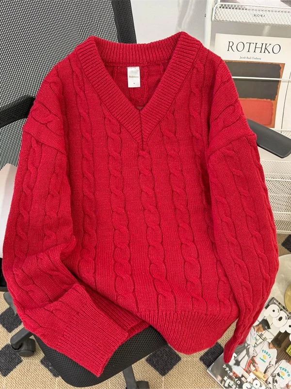 

Модный утепленный свободный вязаный свитер с V-образным вырезом для мужчин, повседневная одежда для осени и зимы, американский расслабленный стиль, вязаная одежда для пар