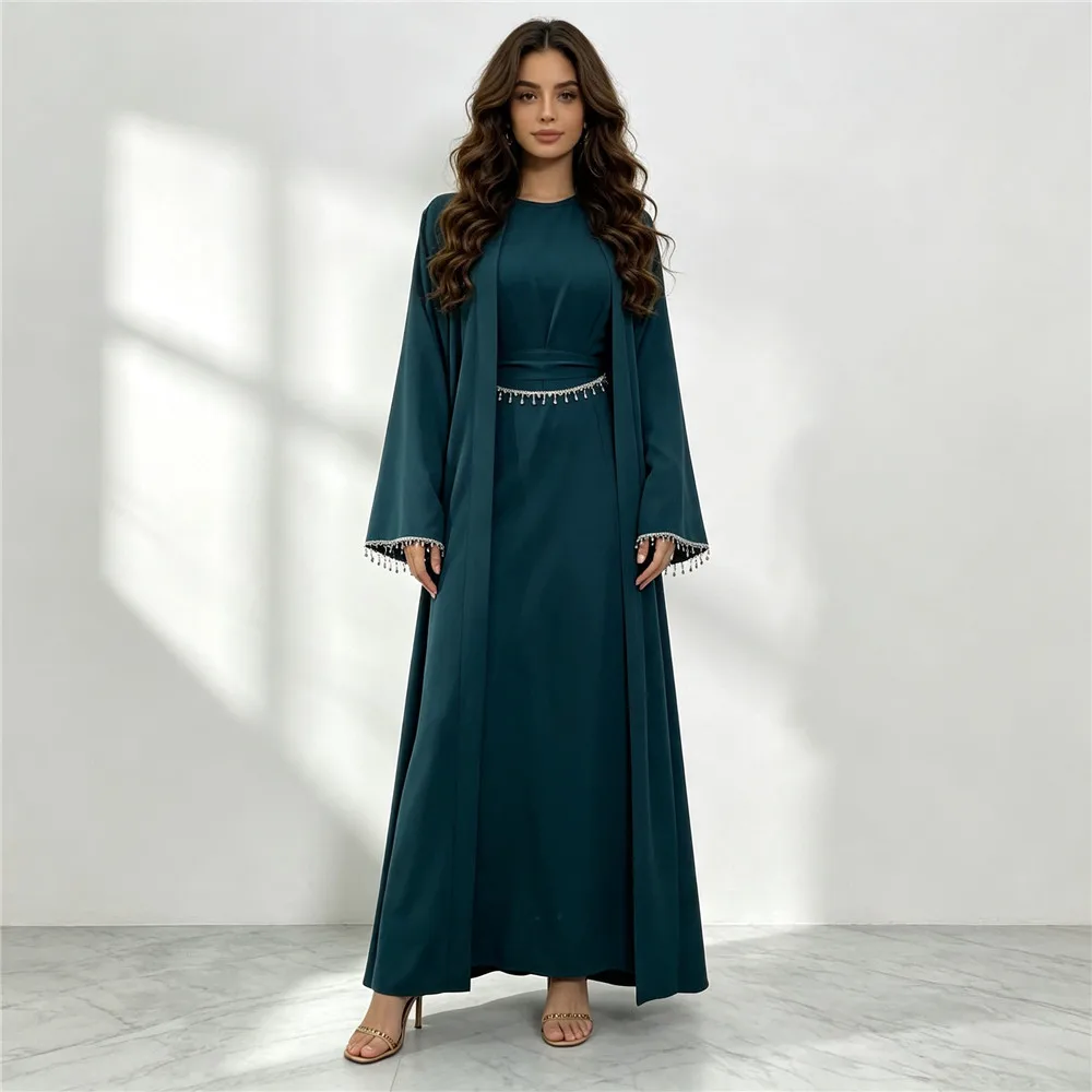 2pcs Muslim Women Open Abaya Cardigan Inner Dress Sets Modest Kimono Islamic Long Robes Dubai Soild Color Dresses Arab Casual