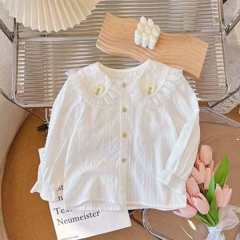 

Girl's Pure Cotton Shirt Children's Spring and Autumn Long Sleeved Shirt Baby Girl's White Western-style Top