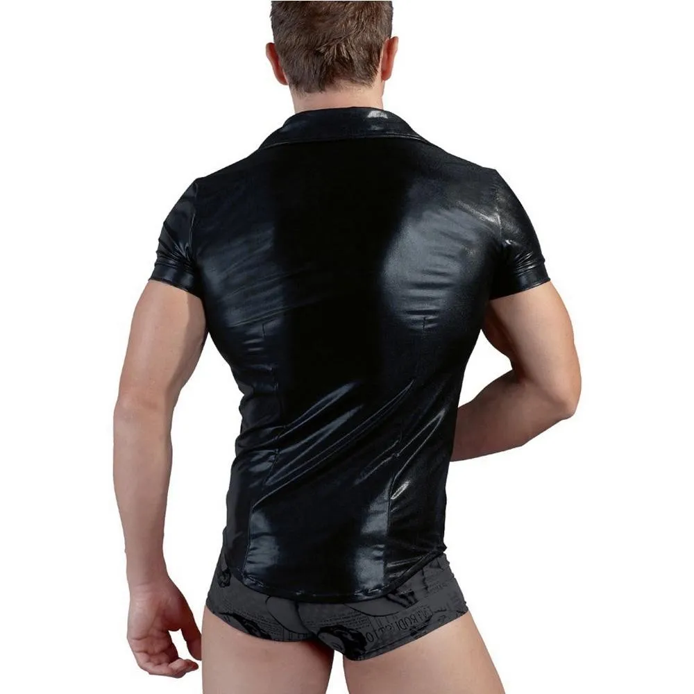 Casual Men\'s Black Pu Leather Shiny Short Sleeve T-Shirt Tees Top Party Nightclub Costume T Shirt Man Clothing