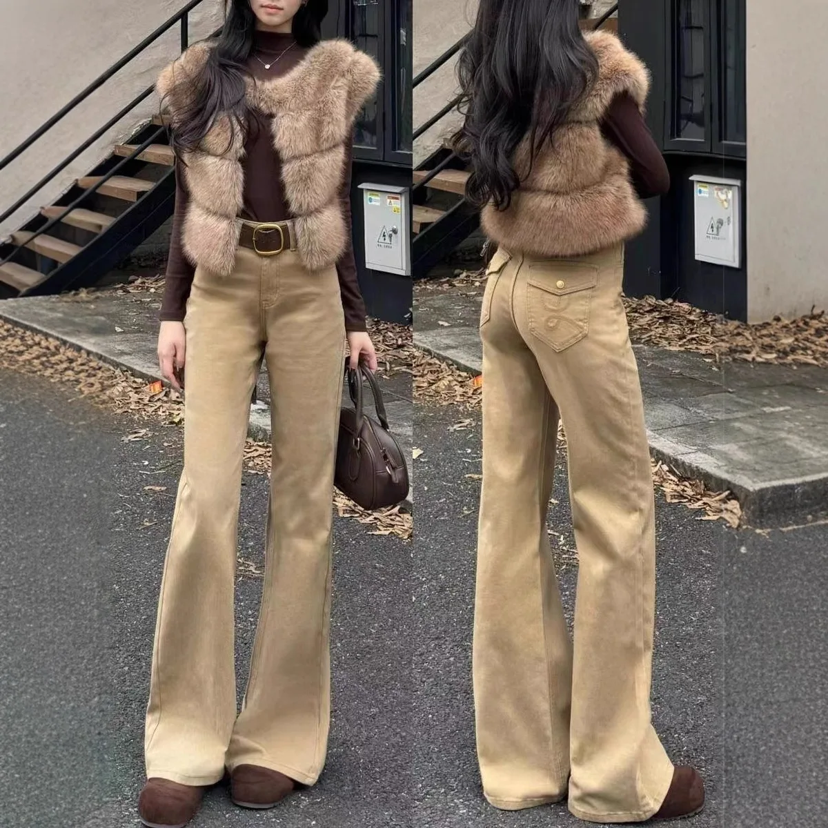 

Джинсы с высокой талией, расклешенные, утепленные, повседневные, длинные брюки в корейском стиле, большие размеры, средней эластичности, из смесового хлопка, зима 2025