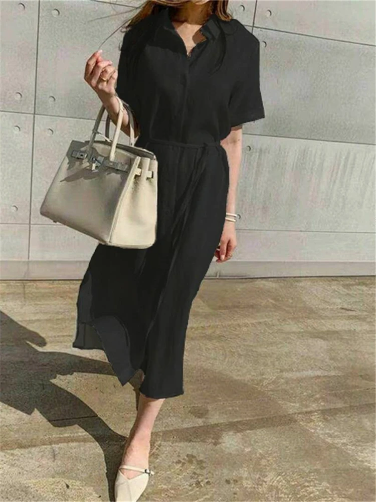 Colorfaith DR1670 New 2023 Lace Up Chic Elegant Lady Oversized Korean Fashion Vintage Split Pure Women Spring Shirt Long Dresses