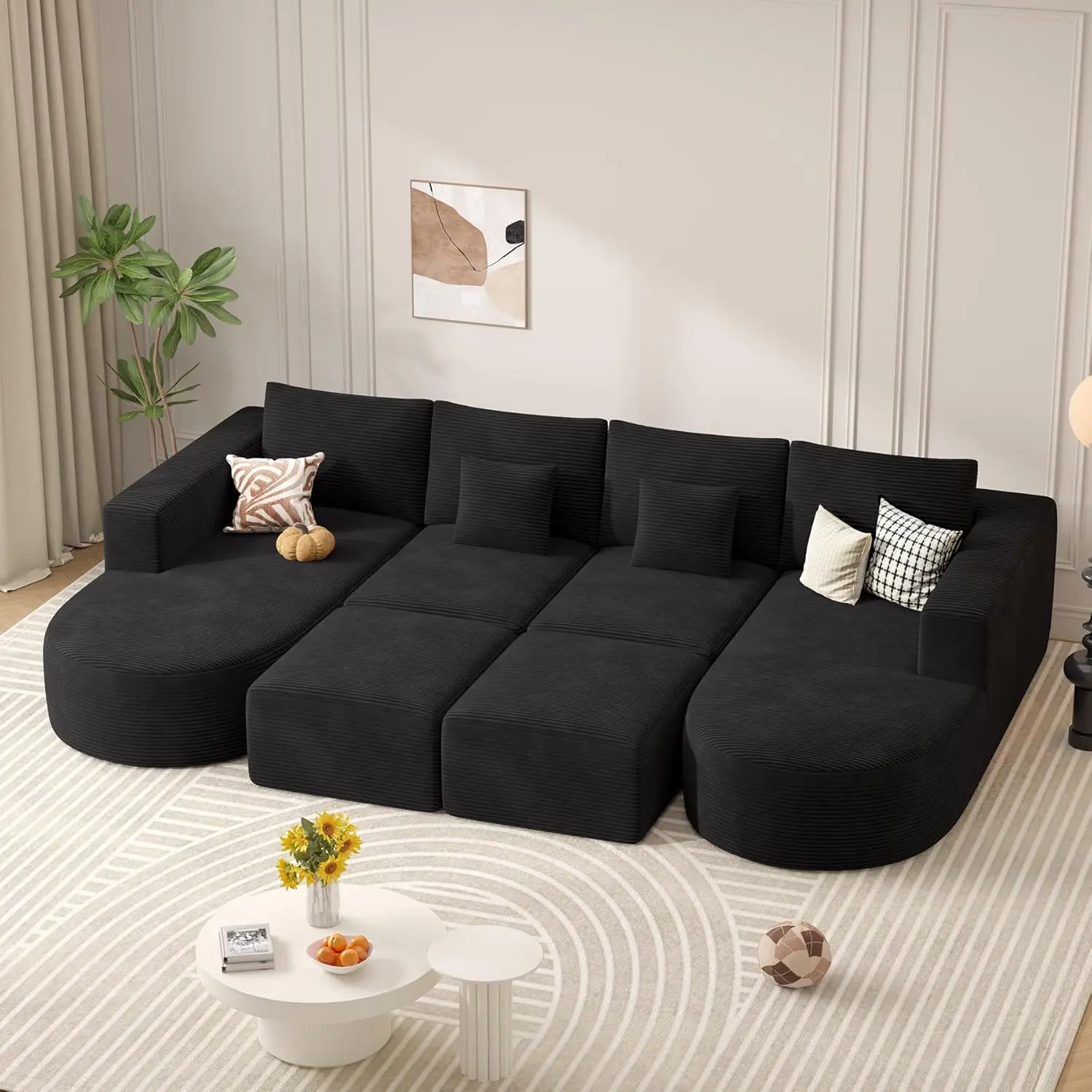 Convertible Modular Cloud Couch Corduroy 4 Seat Sectional Sofa Bed Equipped 2 Chaise And Ottoman For Household Living Room