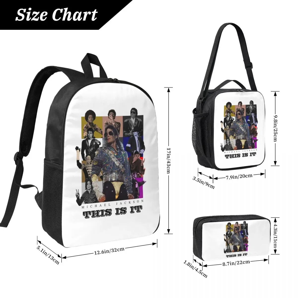 Michael Jackson Dancing Backpack Boys Girls BookBag School Bag Computer Shoulder Bags 3ps Insulated Lunch Bag Pencil Case